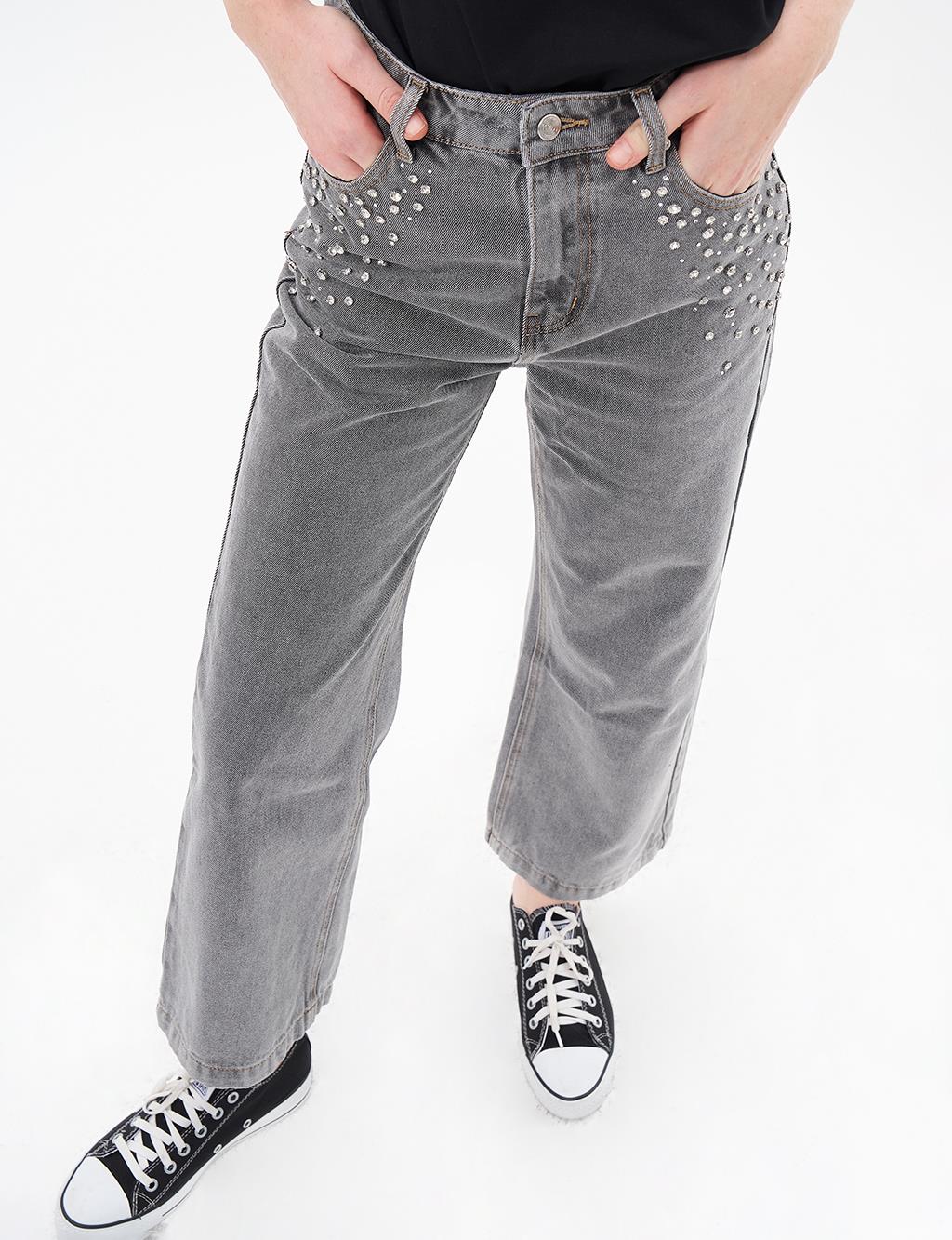 Taş İşlemeli Denim Pantolon Gri