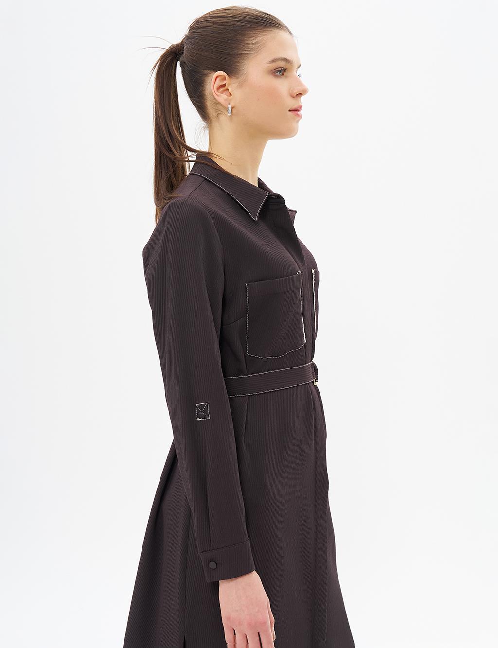 Contrast Stitched Shirt Collar Tunic Dark Coffee