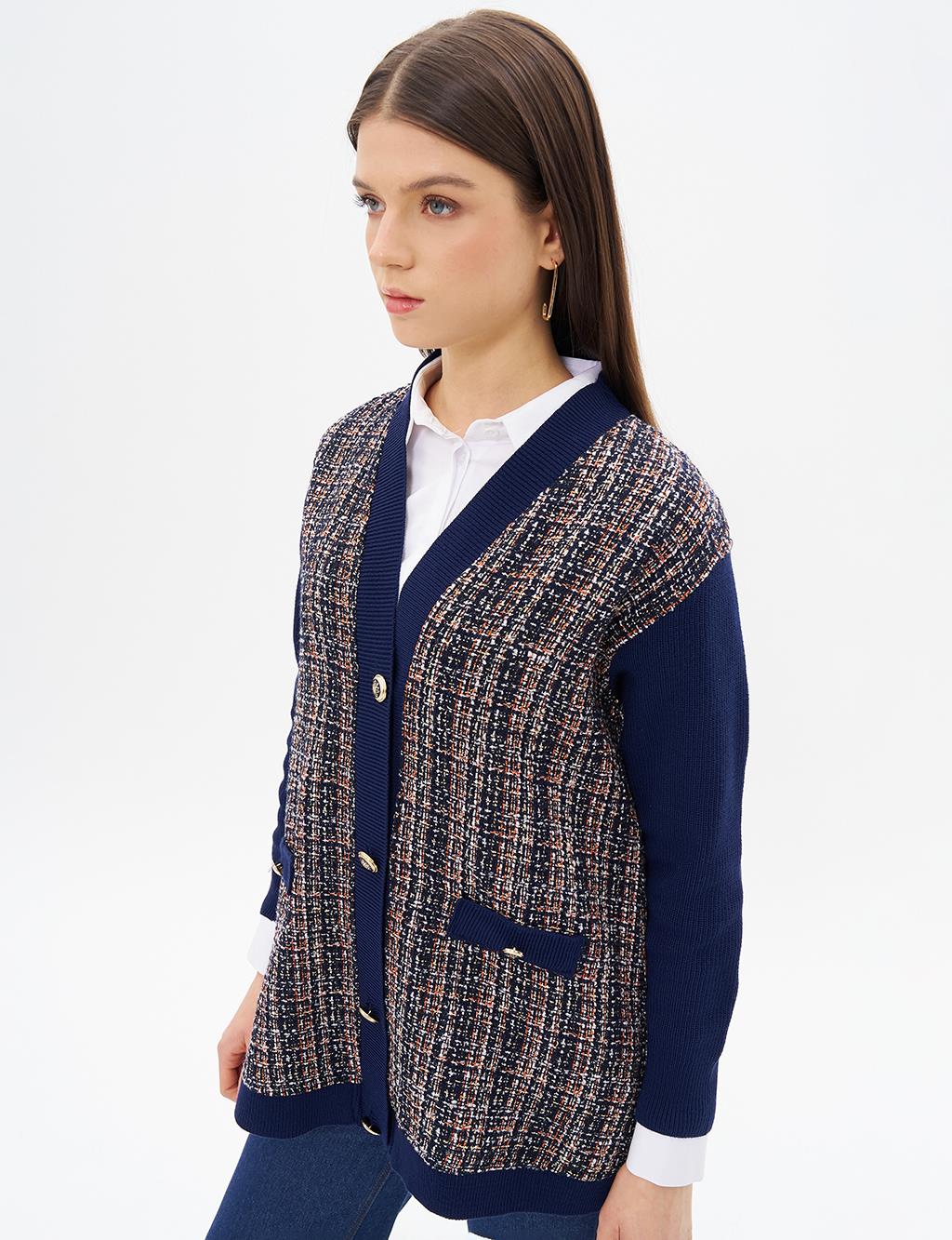 Gold Button Detailed Knitwear Cardigan Navy Blue