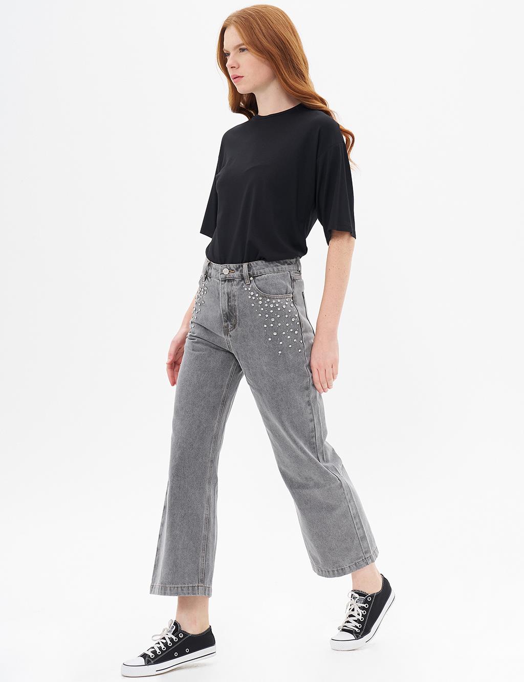 Taş İşlemeli Denim Pantolon Gri