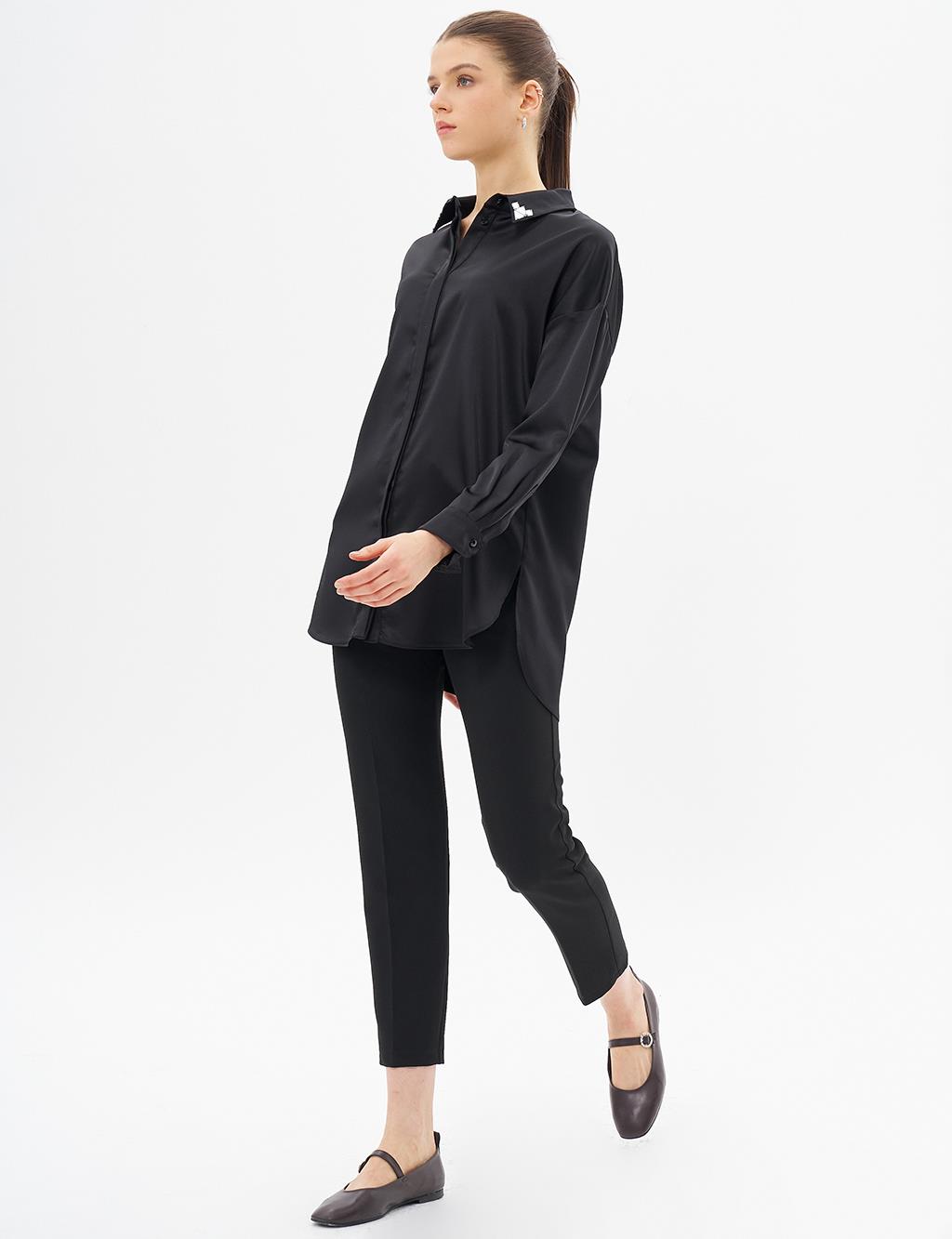 Embroidered Satin Tunic with Collar Black