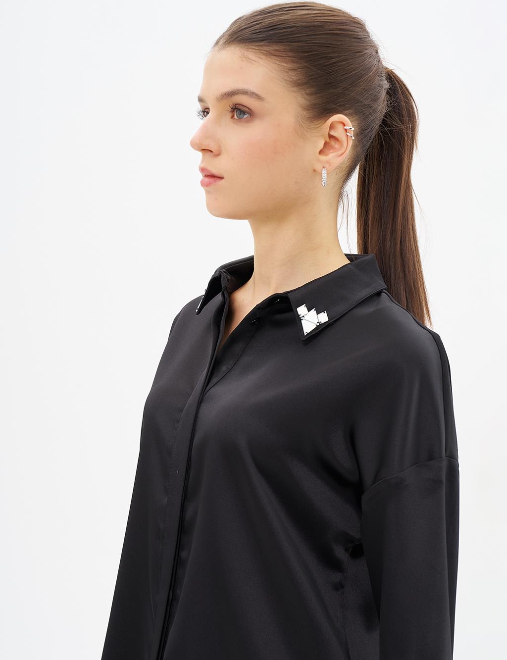 Embroidered Satin Tunic with Collar Black