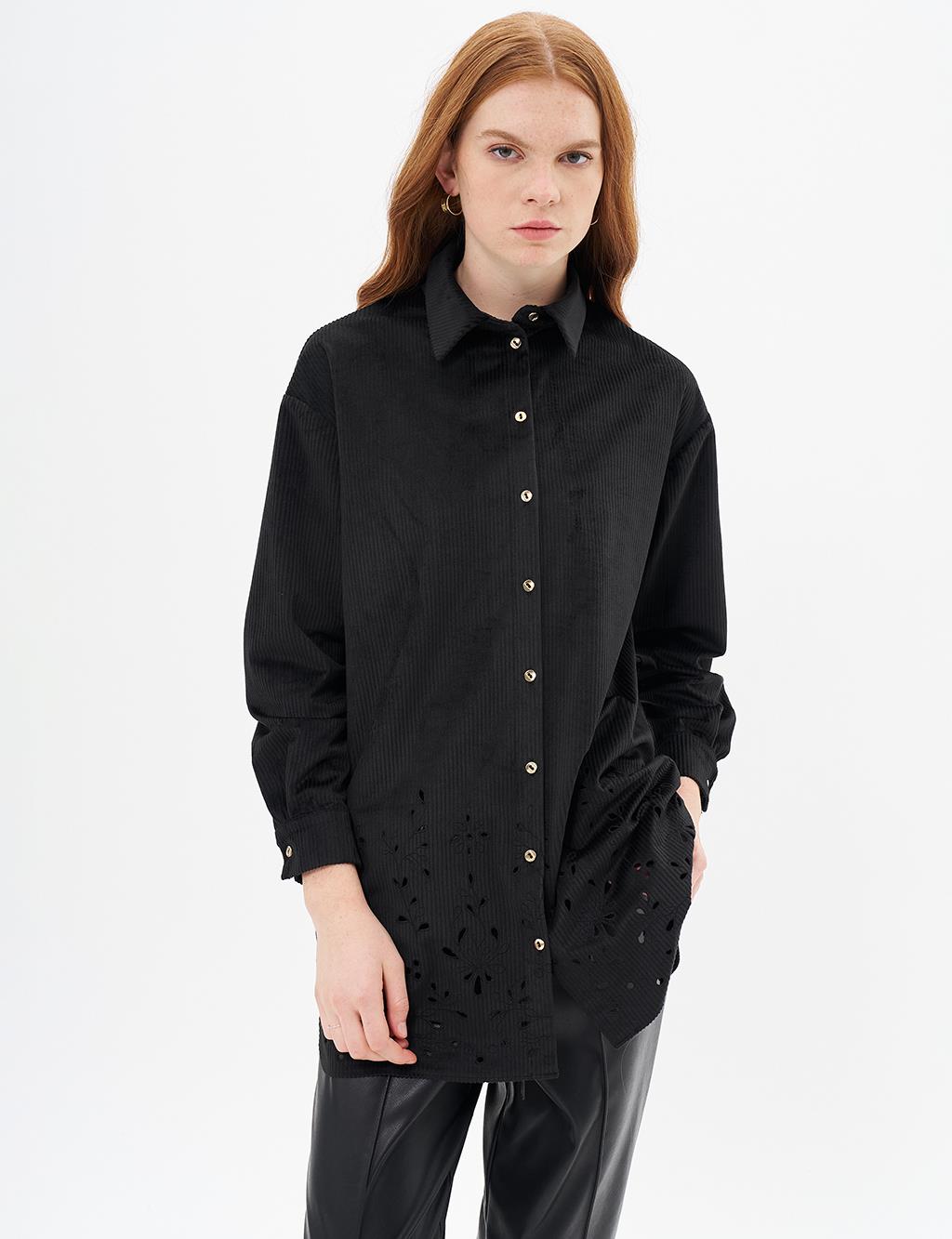 Laser Cut Velvet Tunic Black