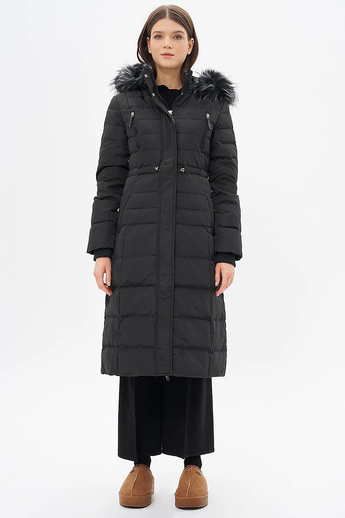 Down Feather Filled Waist Gathered Coat Black