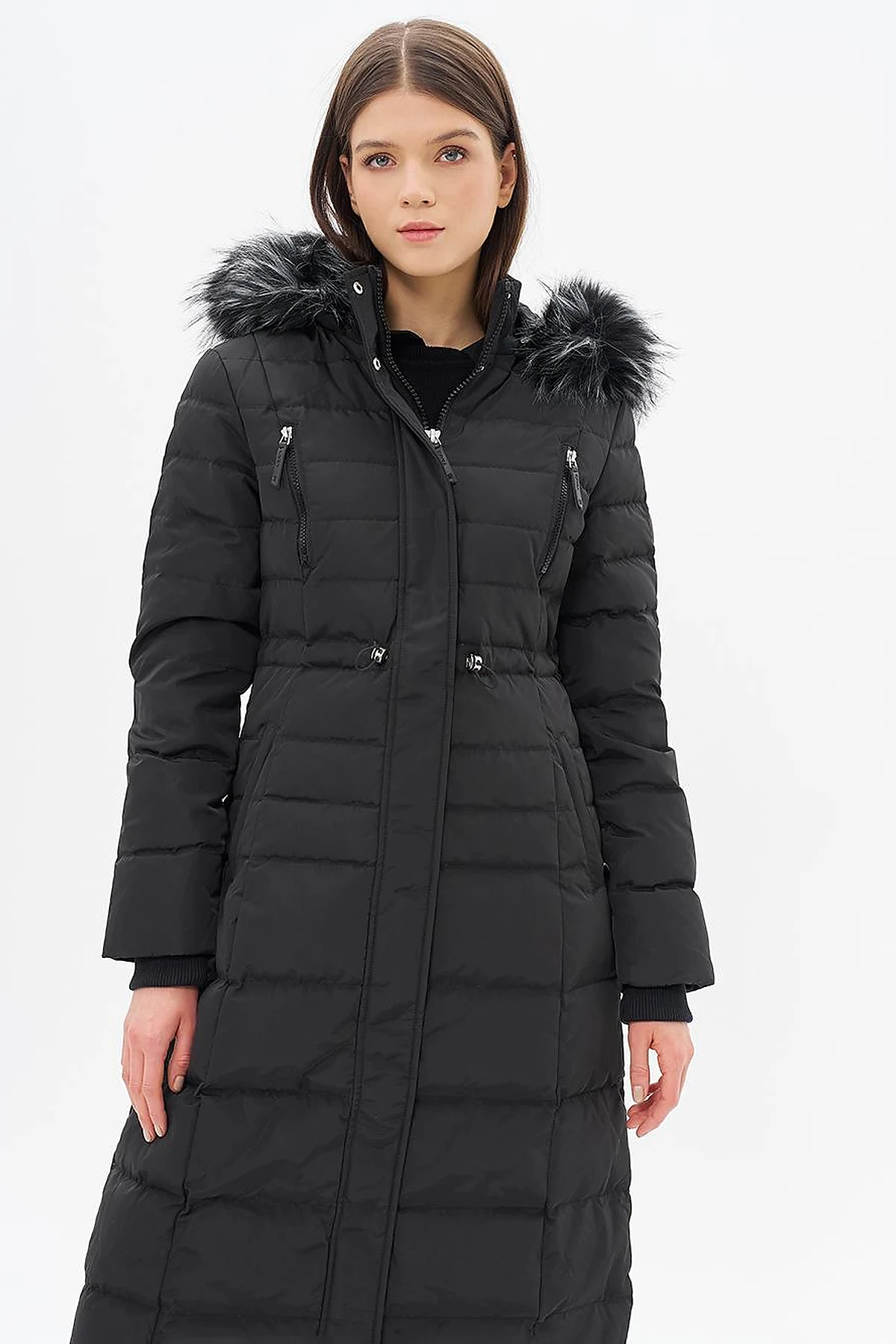 Down Feather Filled Waist Gathered Coat Black