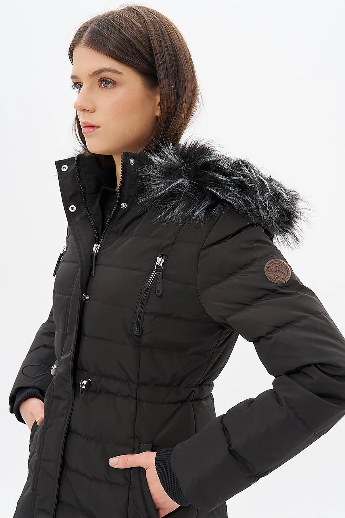 Down Feather Filled Waist Gathered Coat Black