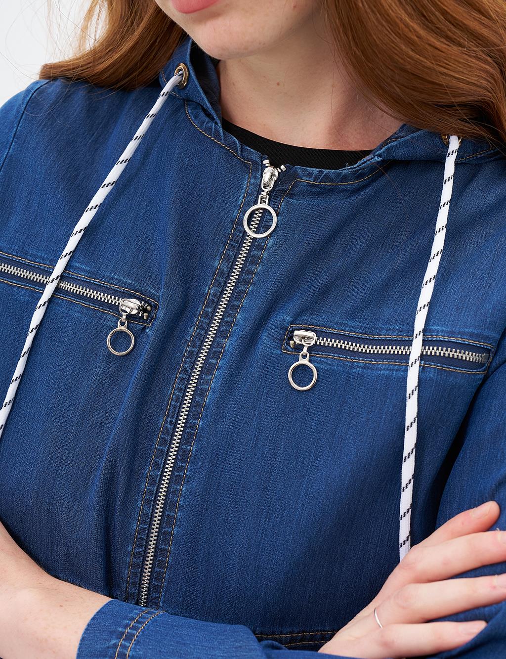 Hooded Lyocell Coat with Full Zipper Closure Navy