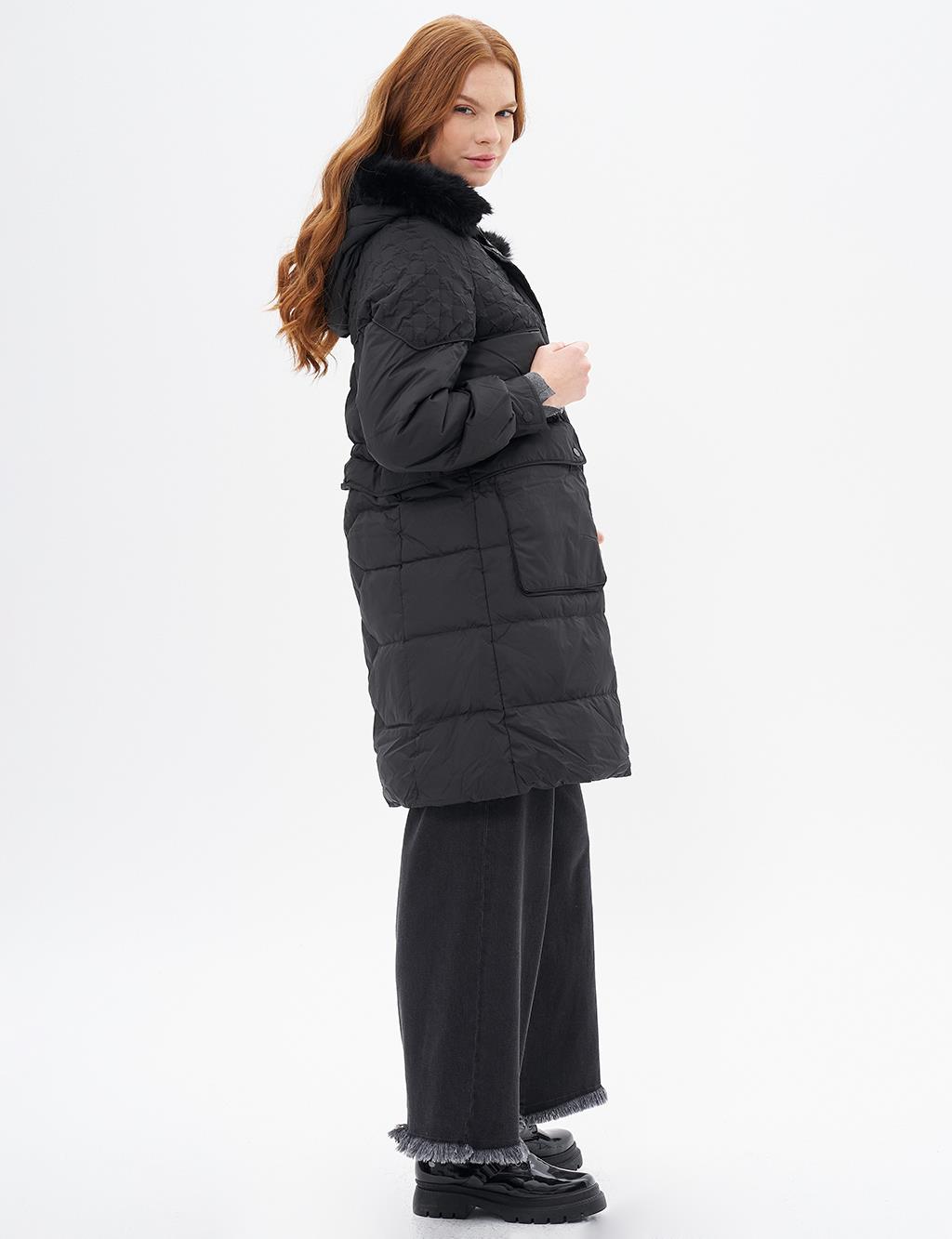 Polka Dot Detailed Down Coat Black