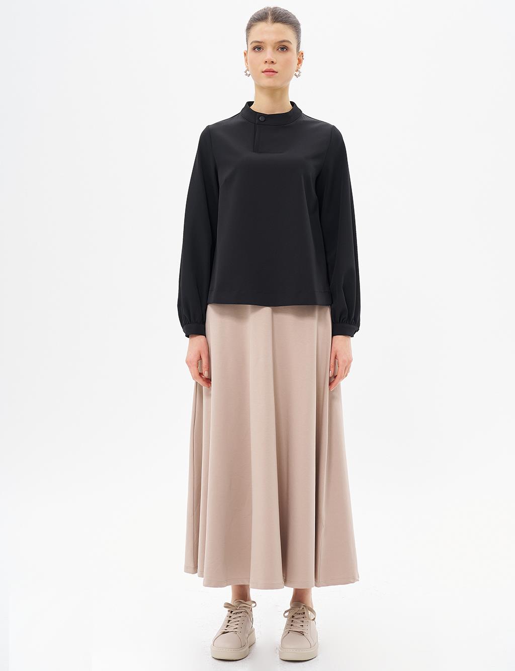 Button Detailed Mandarin Collar Blouse Black