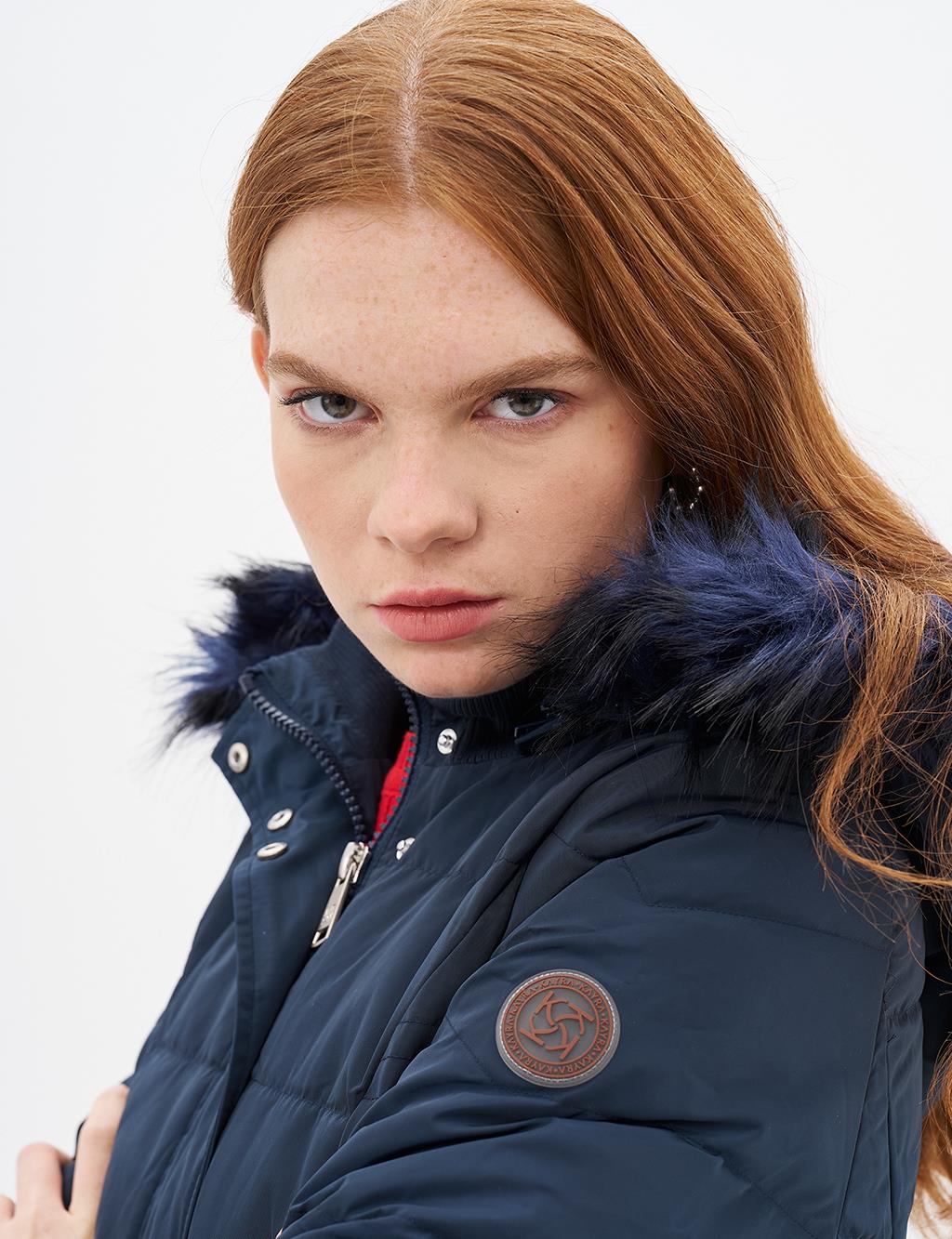 Belted Goose Feather Filled Coat Navy Blue
