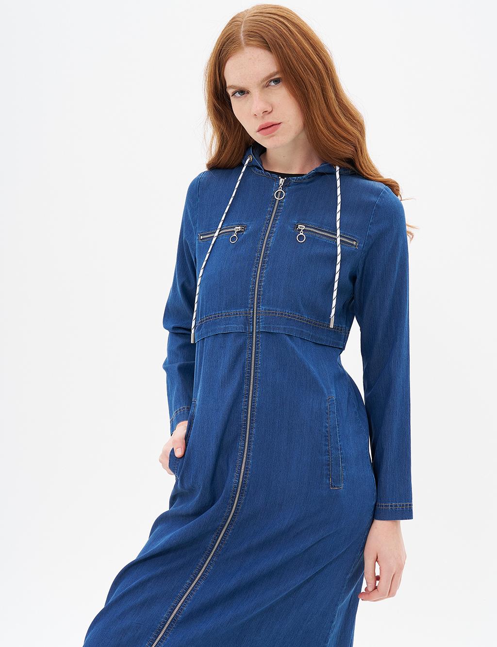 Hooded Lyocell Coat with Full Zipper Closure Navy