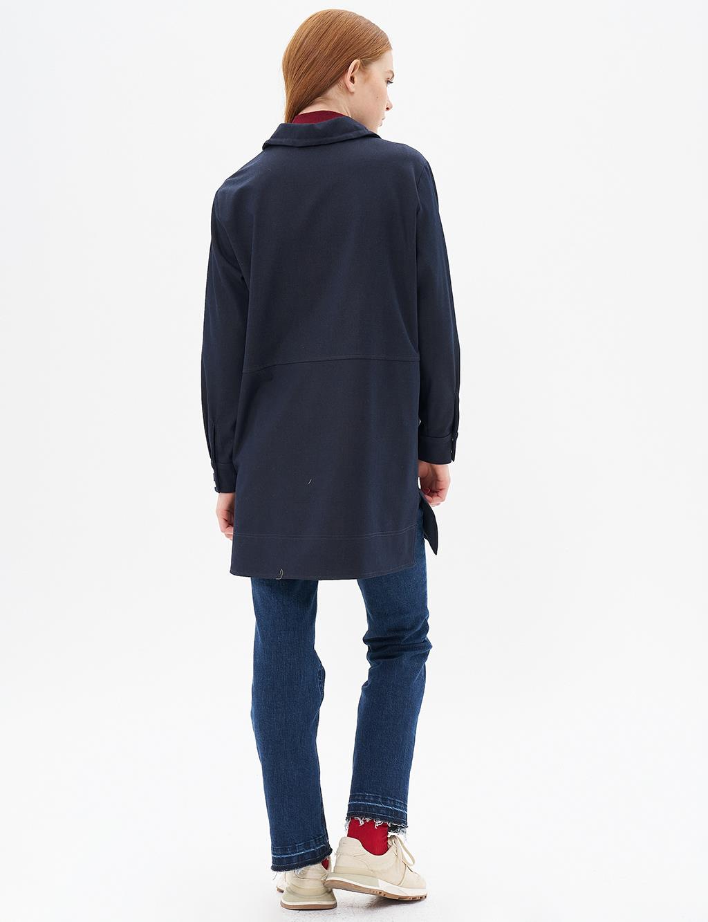 Brooched Half Snap Closure Denim Tunic Navy Blue