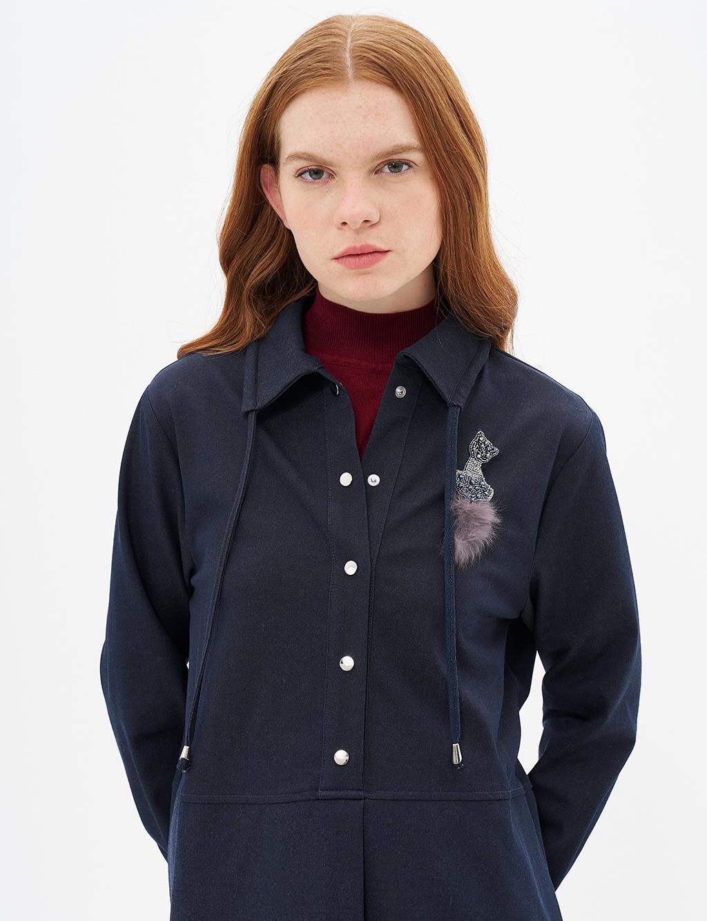 Brooched Half Snap Closure Denim Tunic Navy Blue