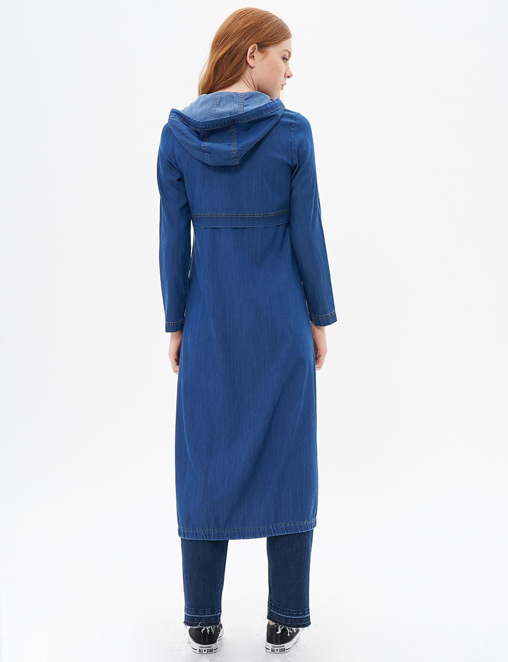 Hooded Lyocell Coat with Full Zipper Closure Navy