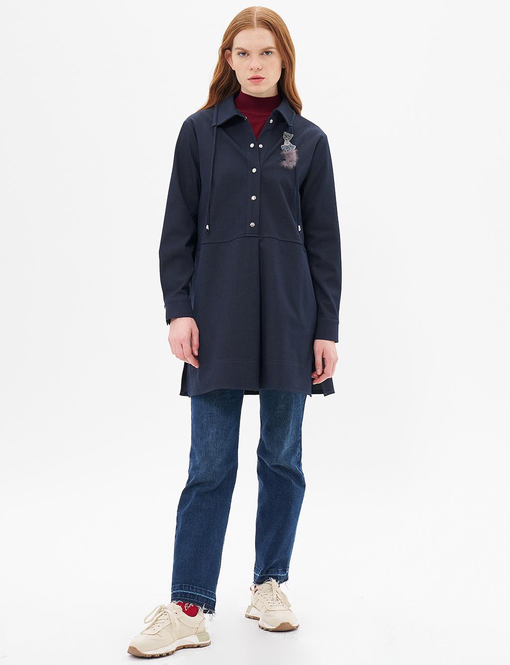 Brooched Half Snap Closure Denim Tunic Navy Blue