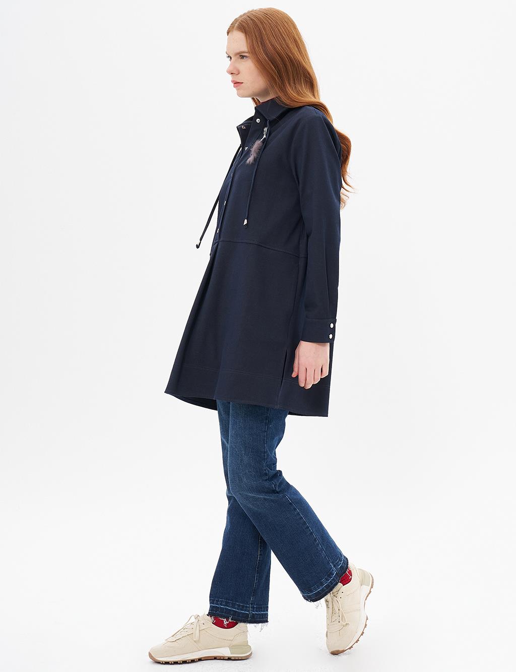 Brooched Half Snap Closure Denim Tunic Navy Blue