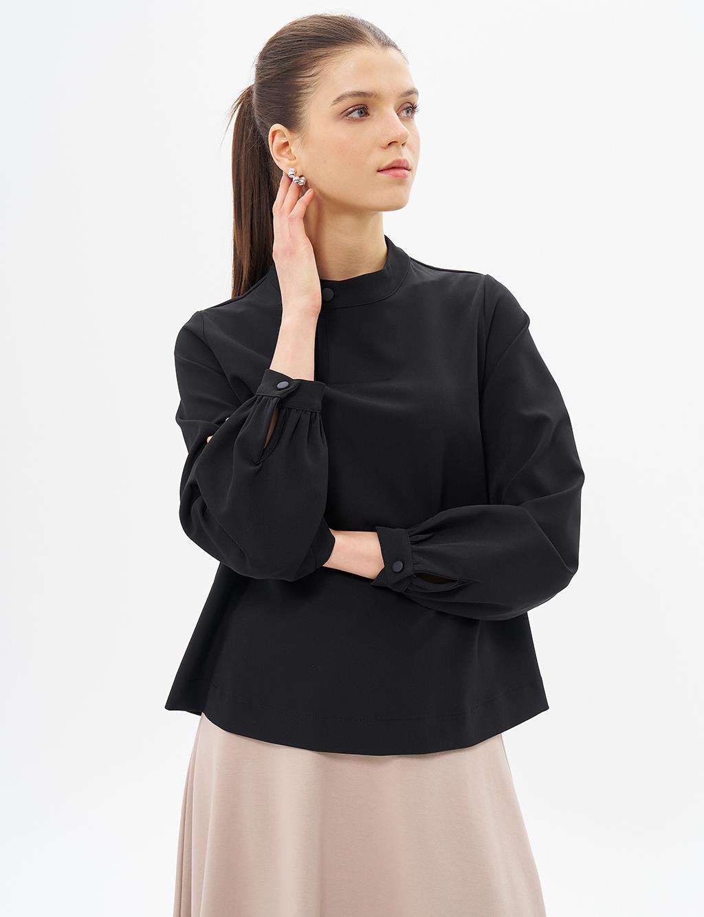 Button Detailed Mandarin Collar Blouse Black