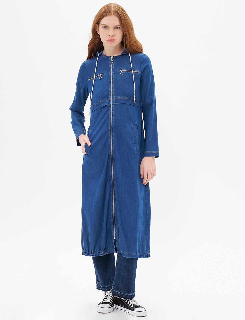 Hooded Lyocell Coat with Full Zipper Closure Navy