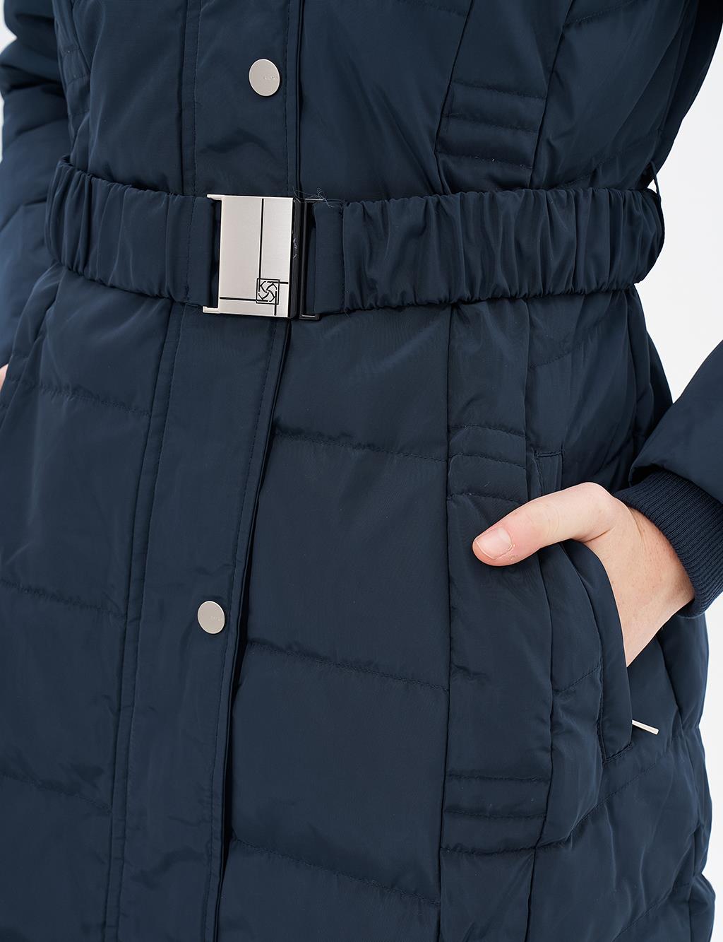 Belted Goose Feather Filled Coat Navy Blue