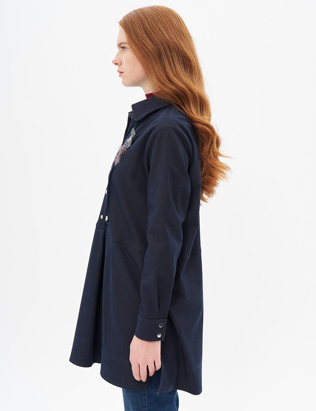 Brooched Half Snap Closure Denim Tunic Navy Blue