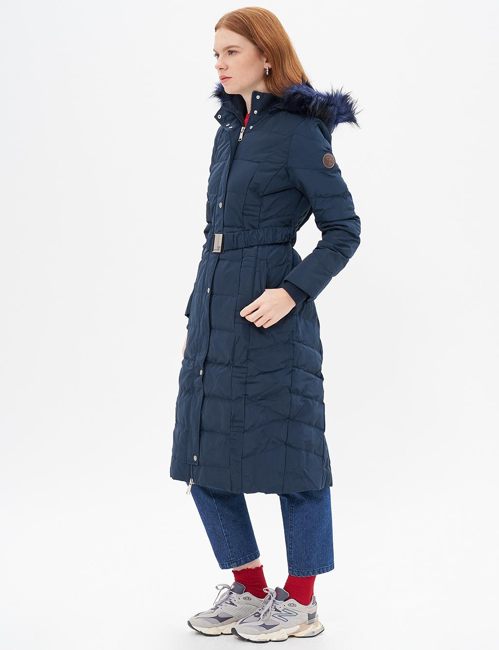 Belted Goose Feather Filled Coat Navy Blue