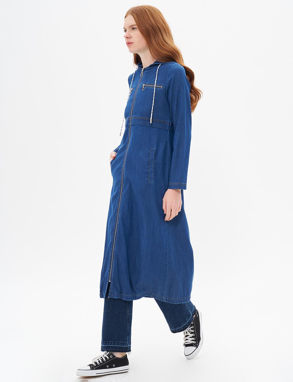 Hooded Lyocell Coat with Full Zipper Closure Navy