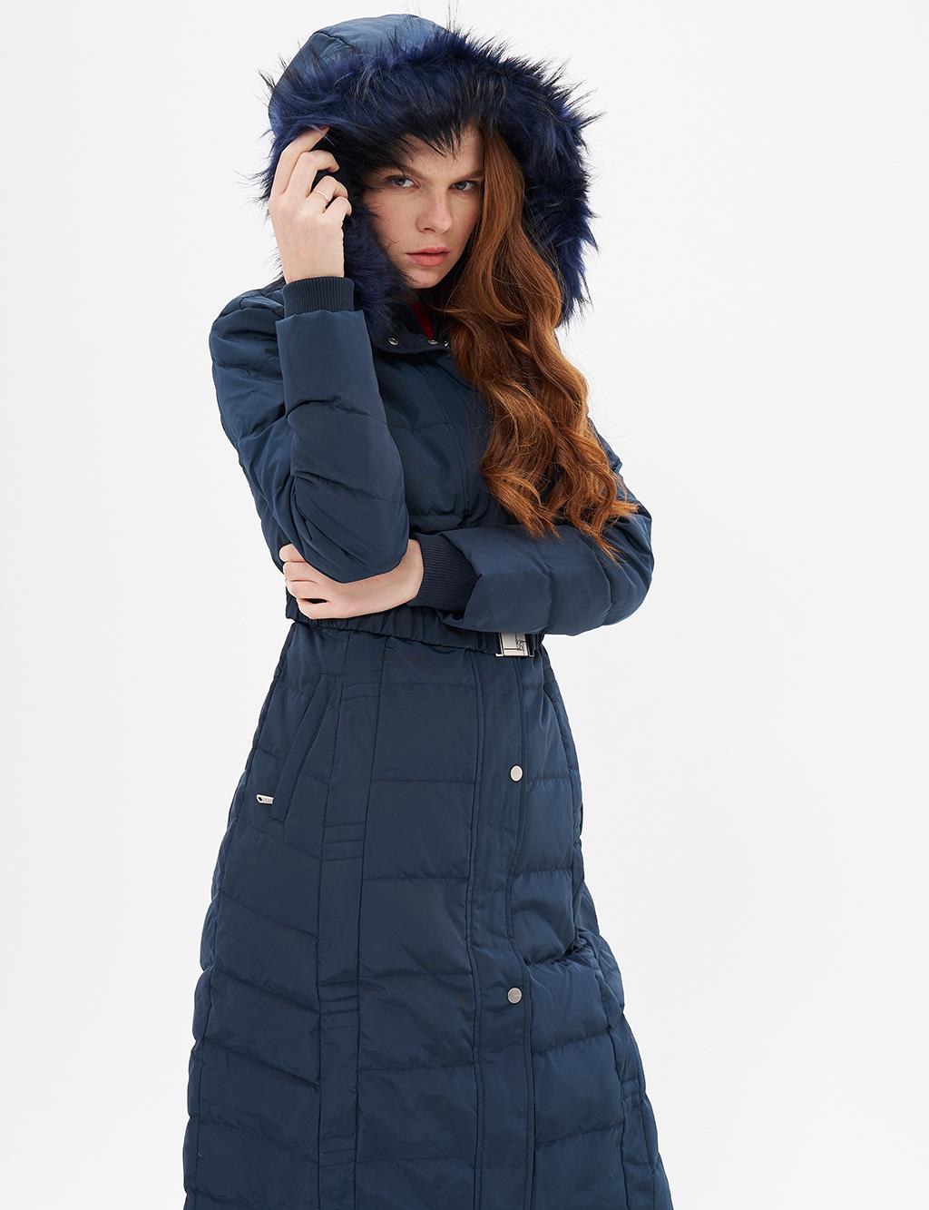 Belted Goose Feather Filled Coat Navy Blue
