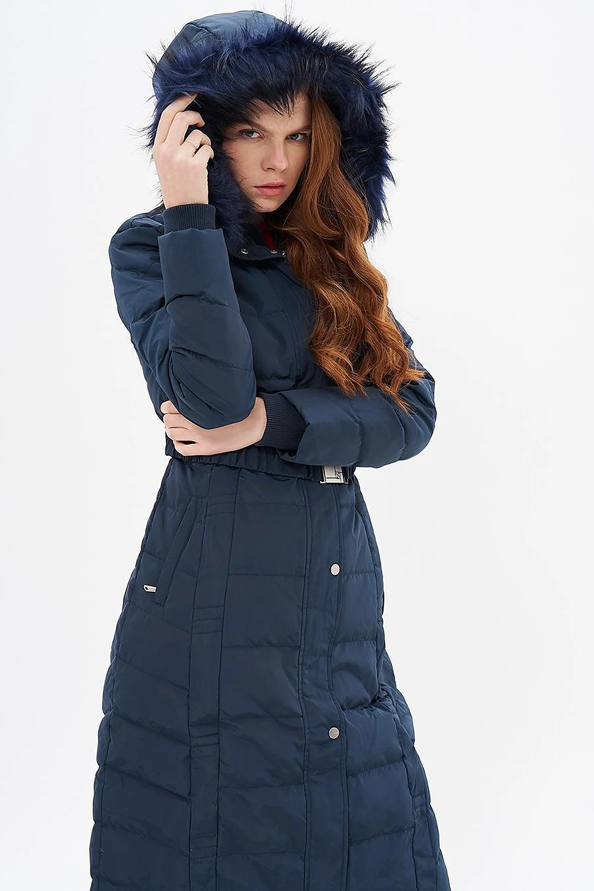 Belted Goose Feather Filled Coat Navy Blue