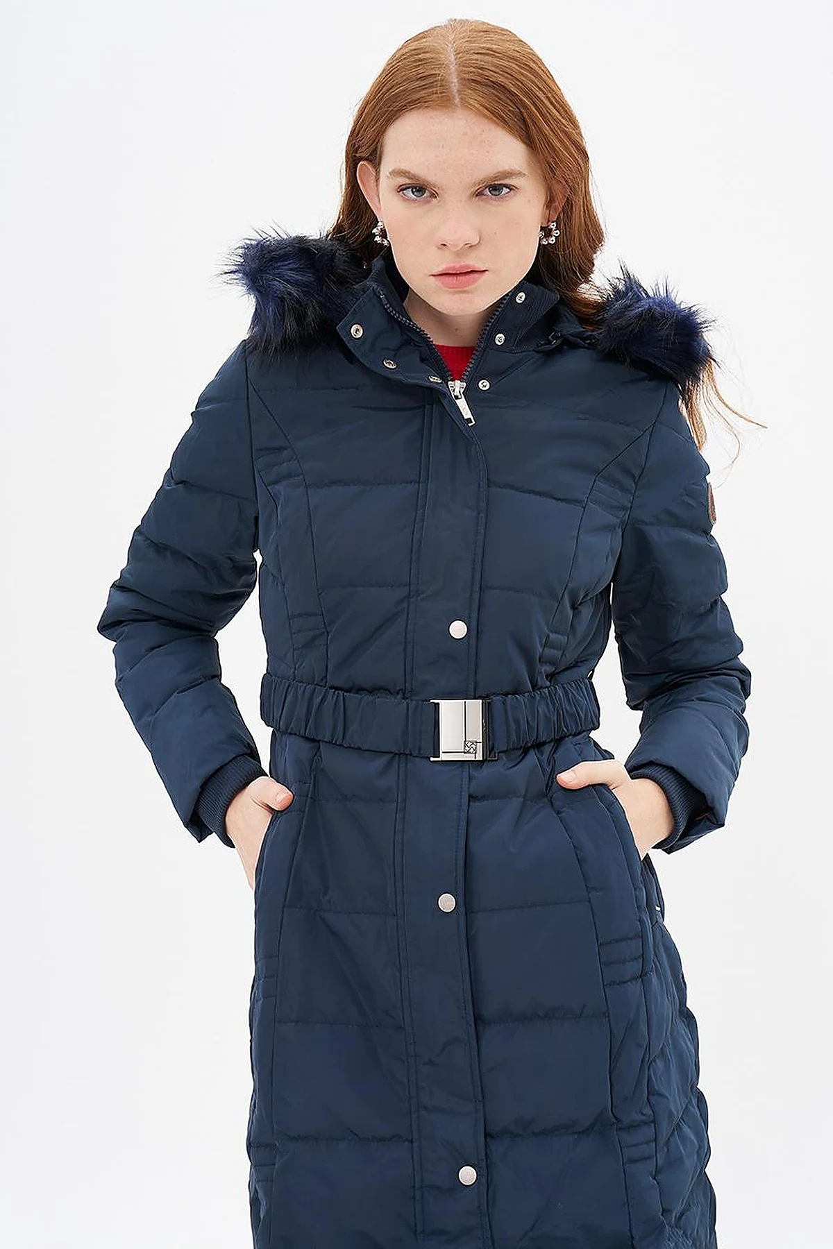 Belted Goose Feather Filled Coat Navy Blue