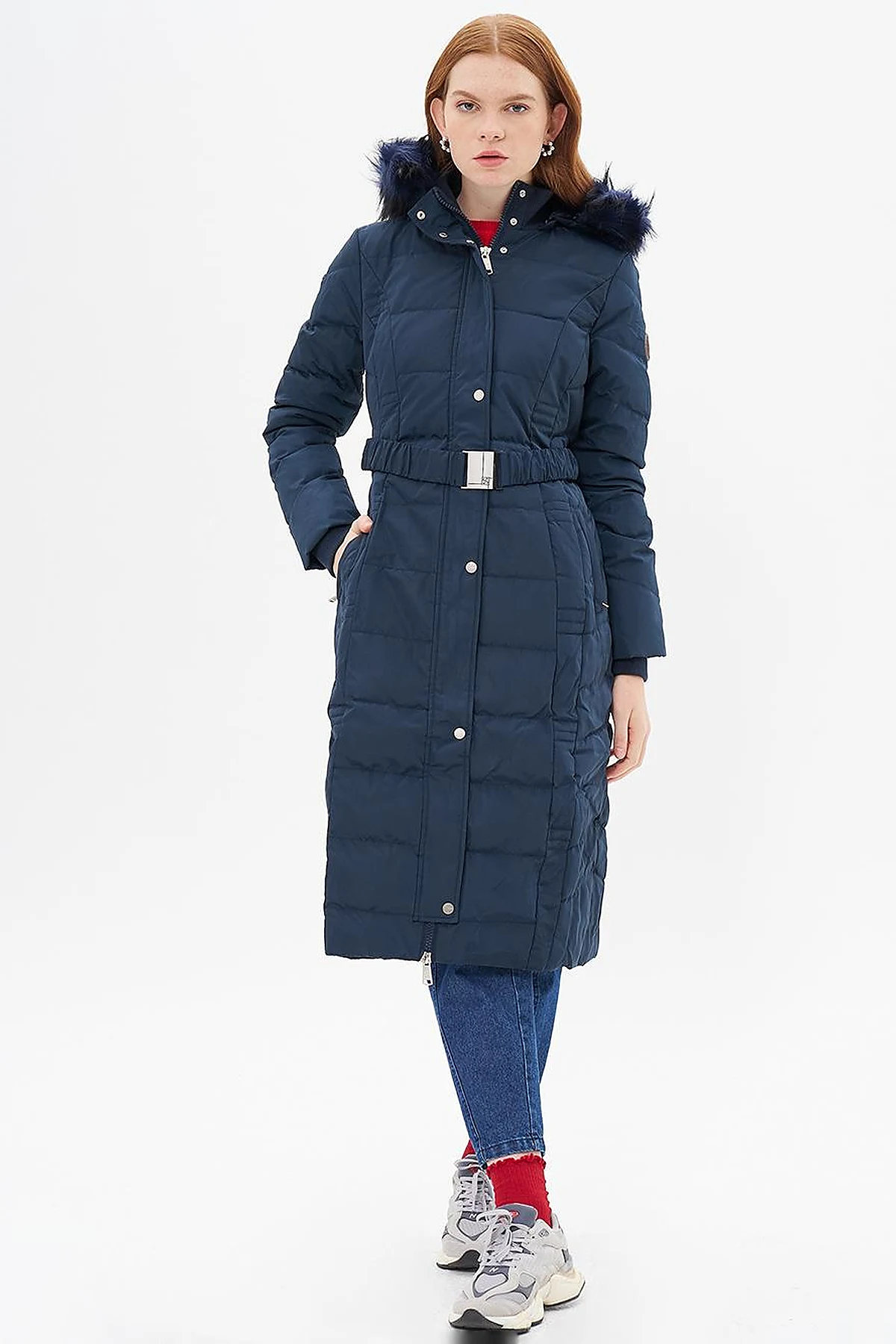 Belted Goose Feather Filled Coat Navy Blue