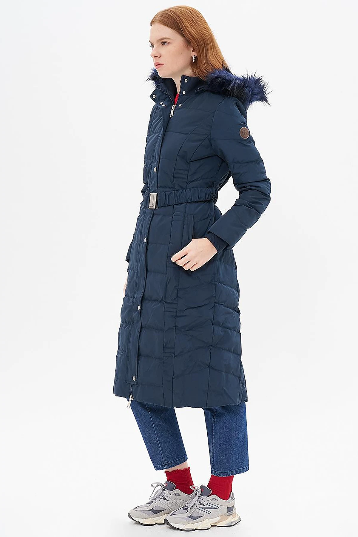 Belted Goose Feather Filled Coat Navy Blue