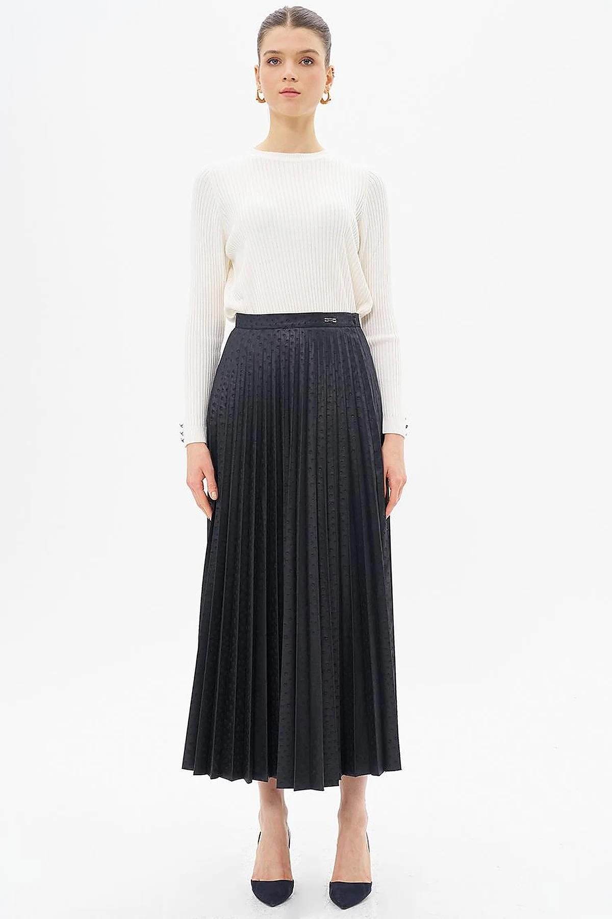 Polka Dot Patterned Pleated Skirt Navy Blue