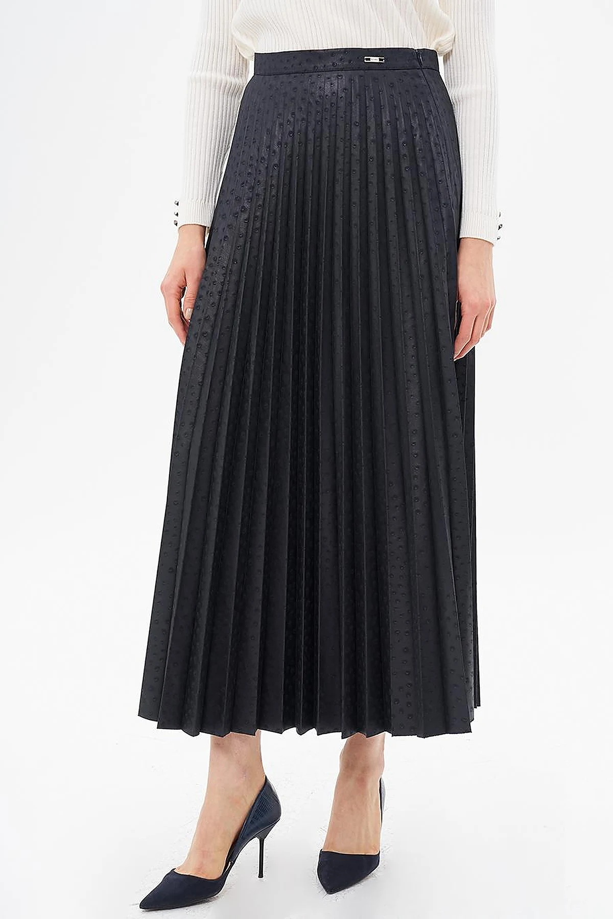 Polka Dot Patterned Pleated Skirt Navy Blue