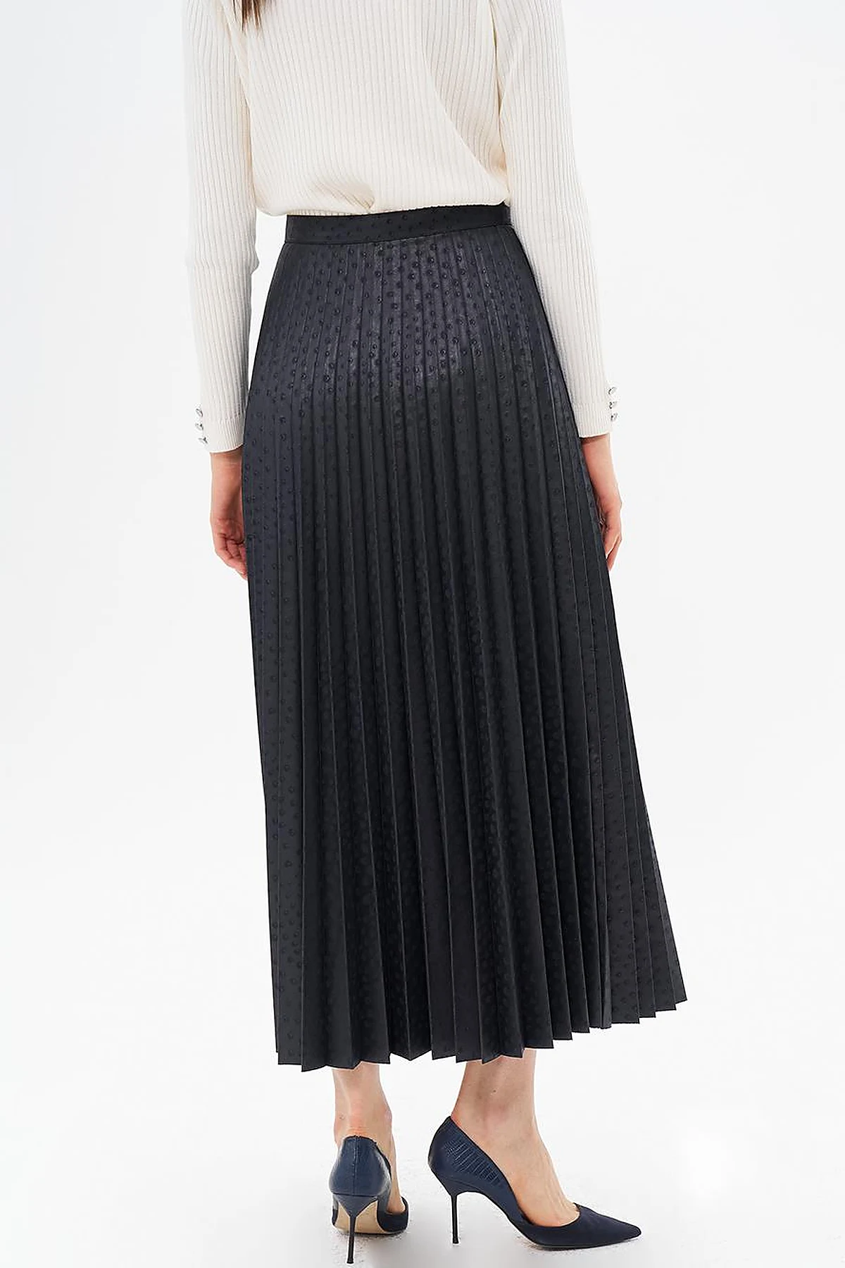 Polka Dot Patterned Pleated Skirt Navy Blue