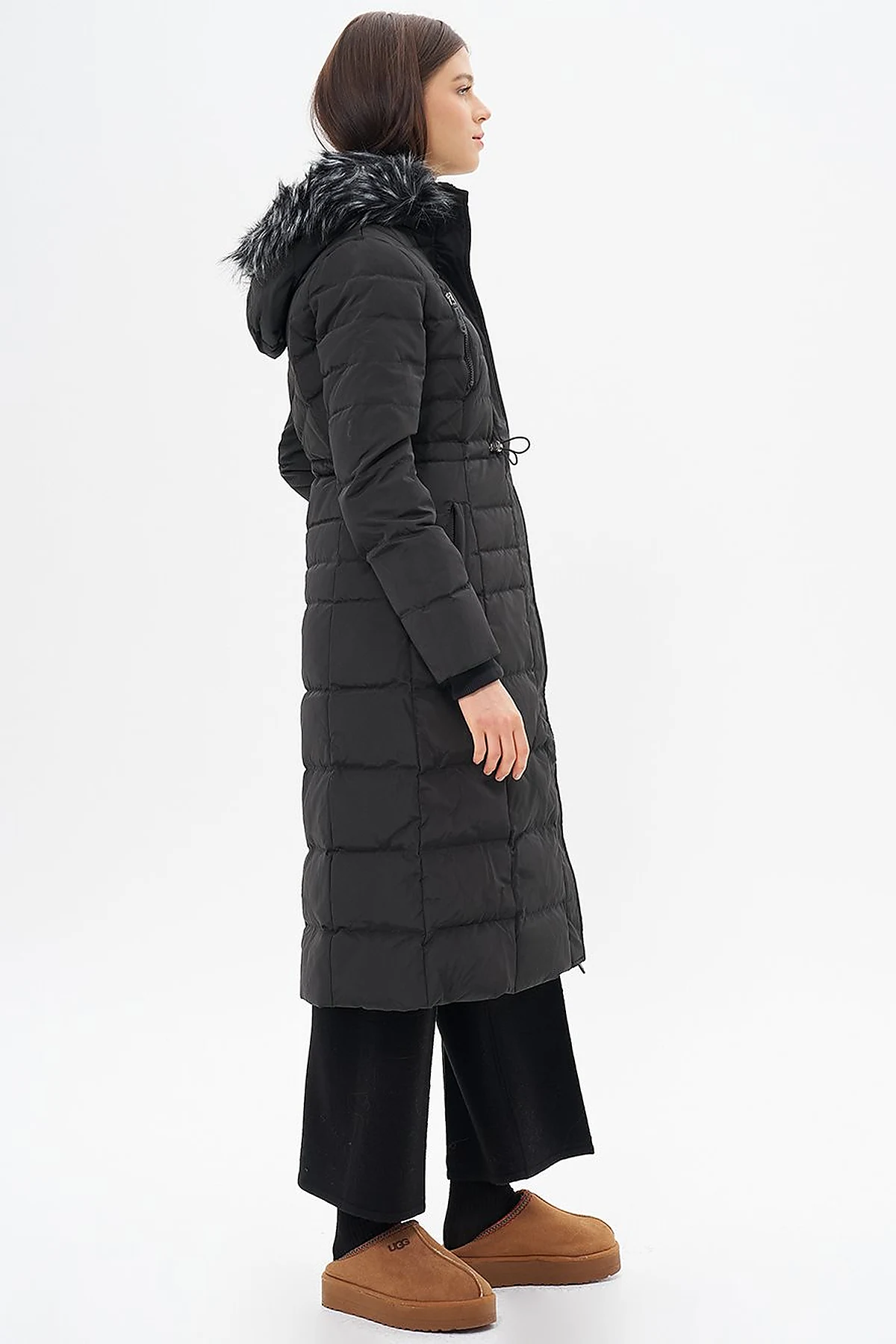 Down Feather Filled Waist Gathered Coat Black