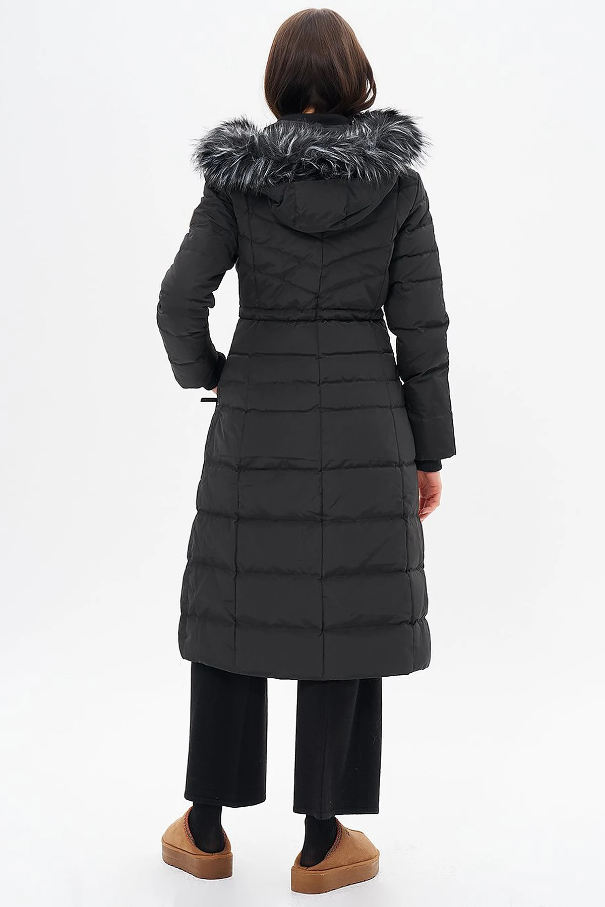 Down Feather Filled Waist Gathered Coat Black