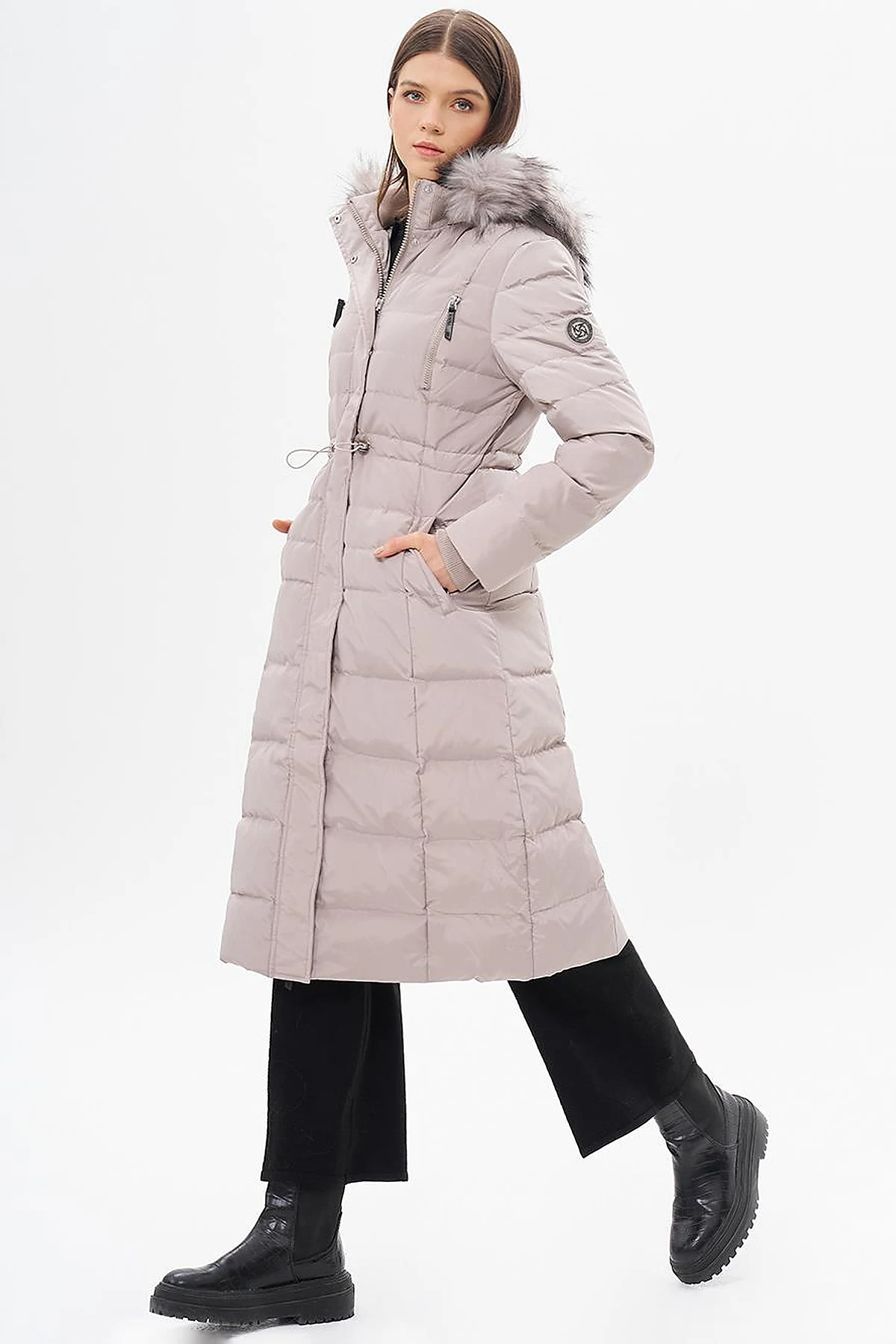 Goose Feather Filled Waist Drawstring Coat Stone