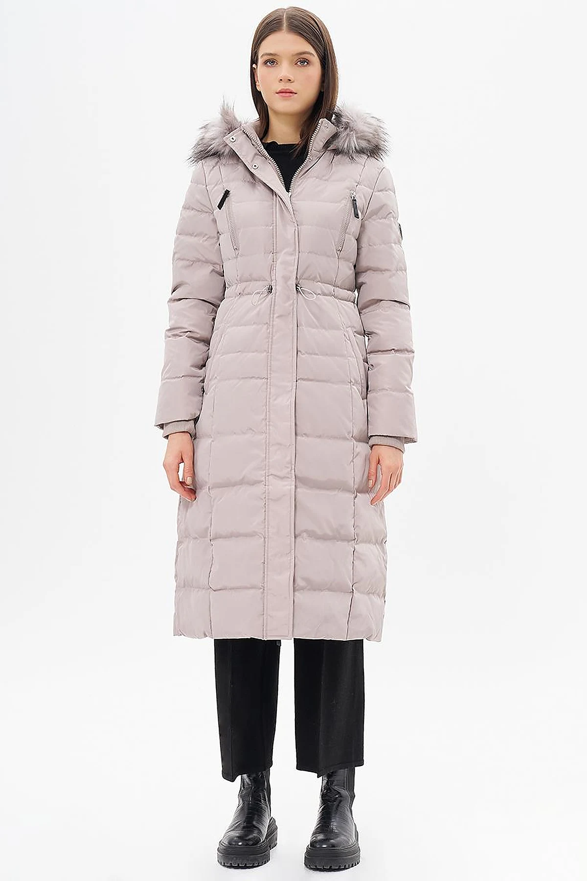 Goose Feather Filled Waist Drawstring Coat Stone