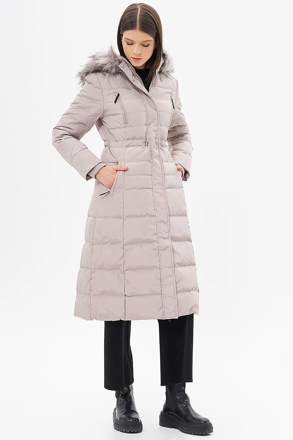 Goose Feather Filled Waist Drawstring Coat Stone