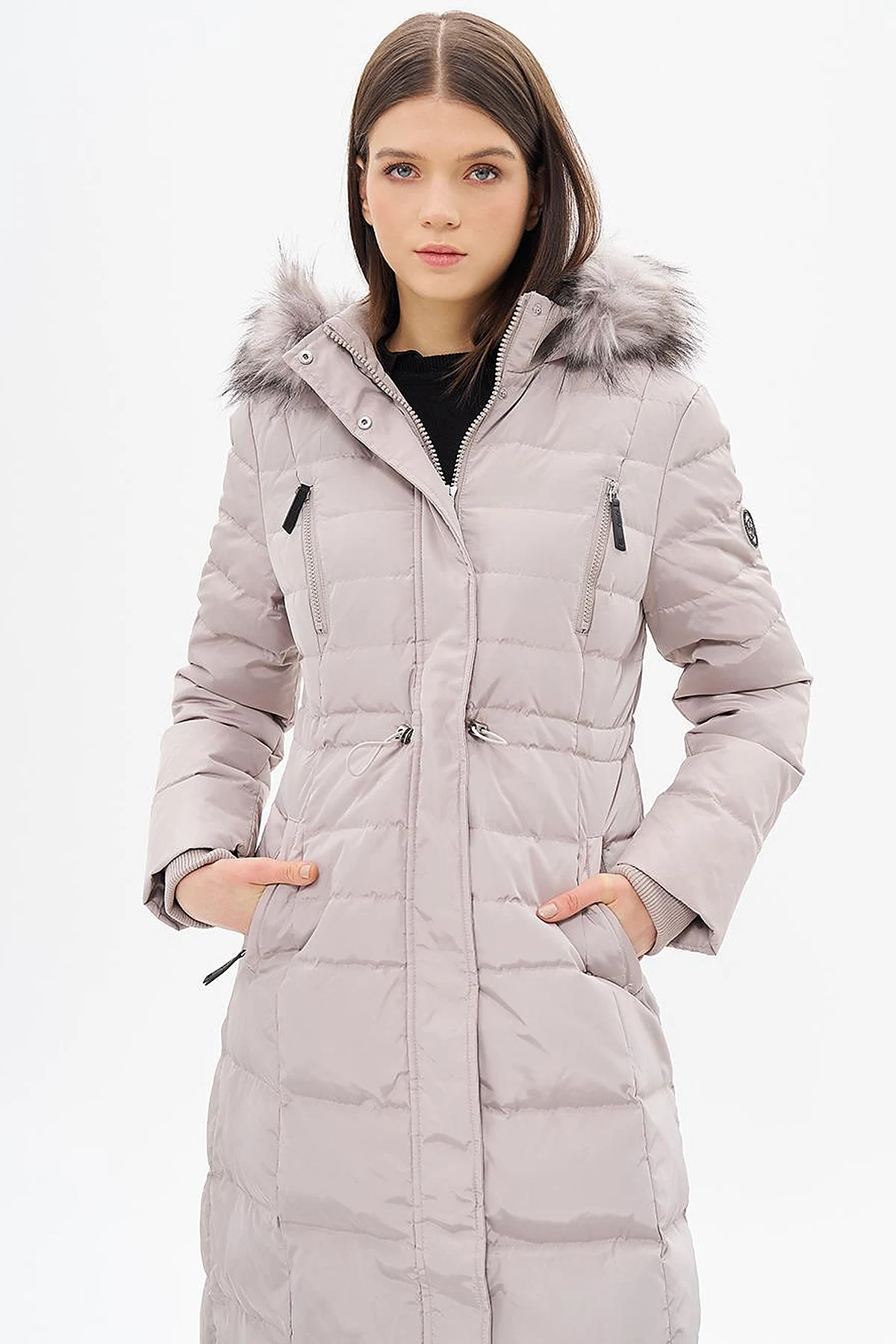 Goose Feather Filled Waist Drawstring Coat Stone