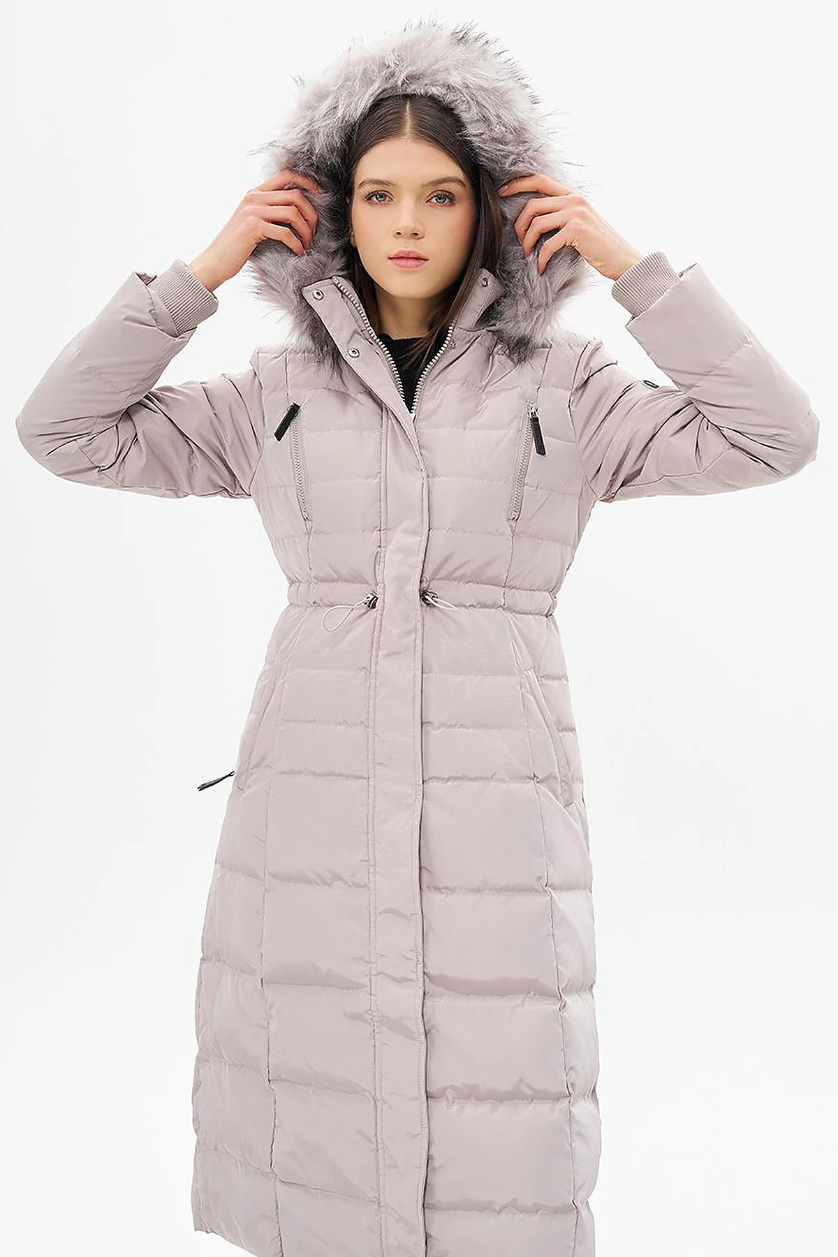 Goose Feather Filled Waist Drawstring Coat Stone