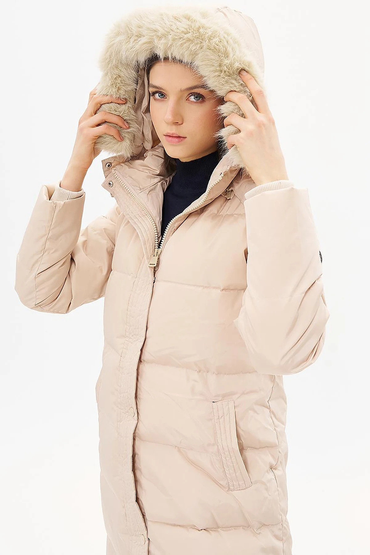 Goose Feather Filled Hooded Coat Cream