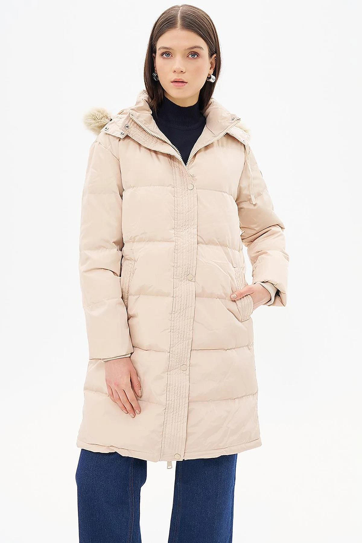 Goose Feather Filled Hooded Coat Cream