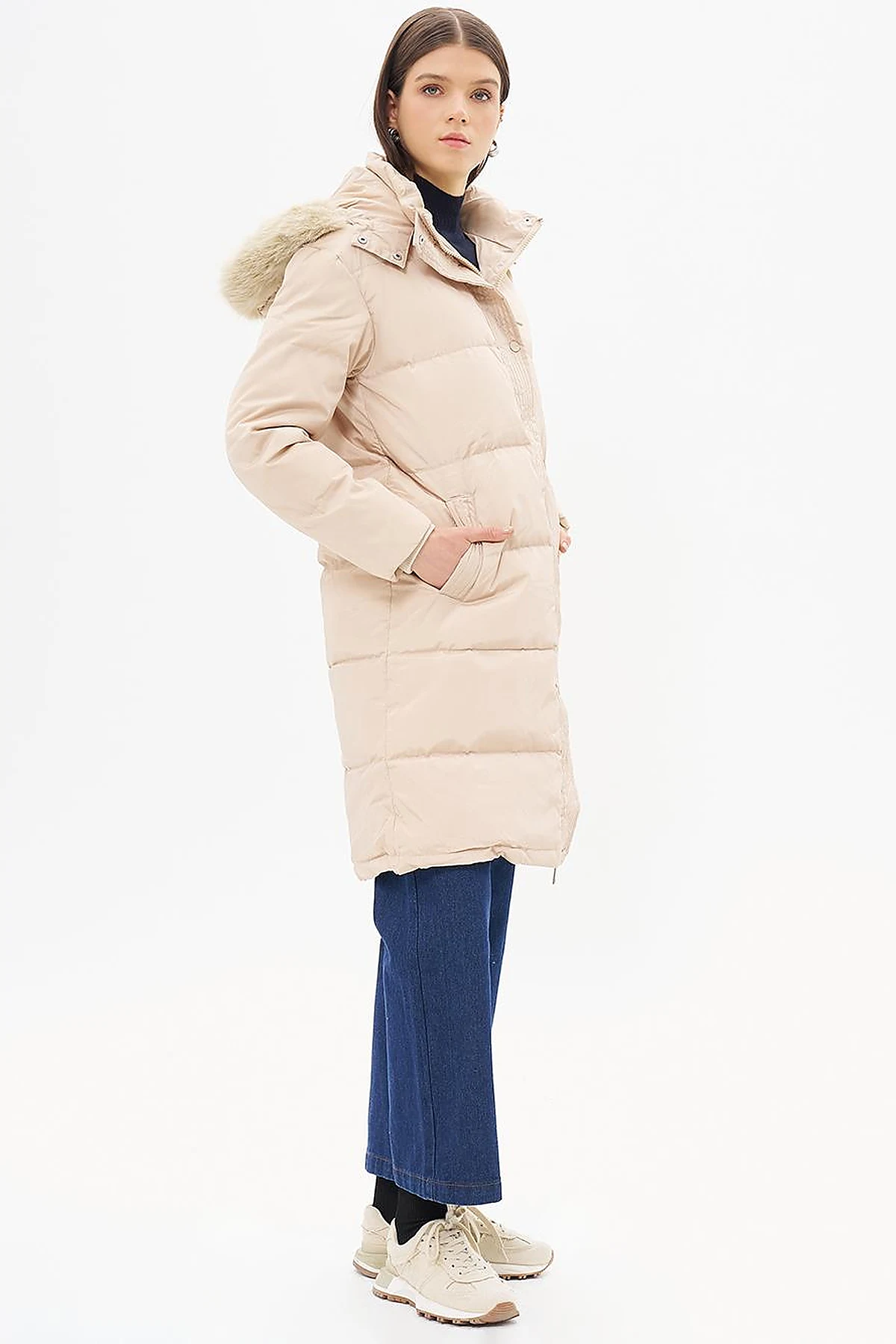 Goose Feather Filled Hooded Coat Cream
