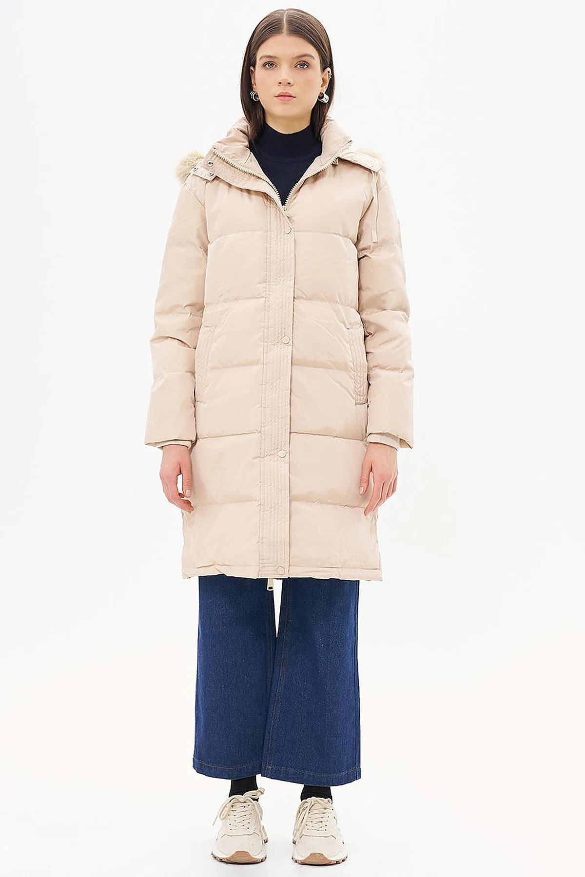 Goose Feather Filled Hooded Coat Cream