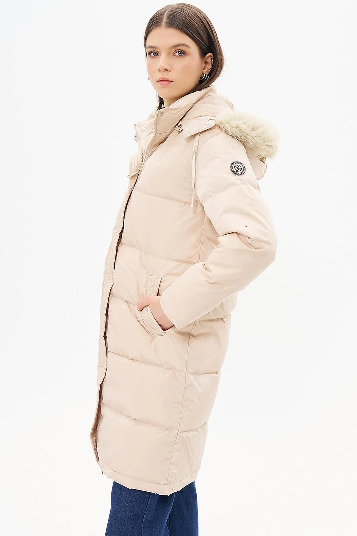 Goose Feather Filled Hooded Coat Cream