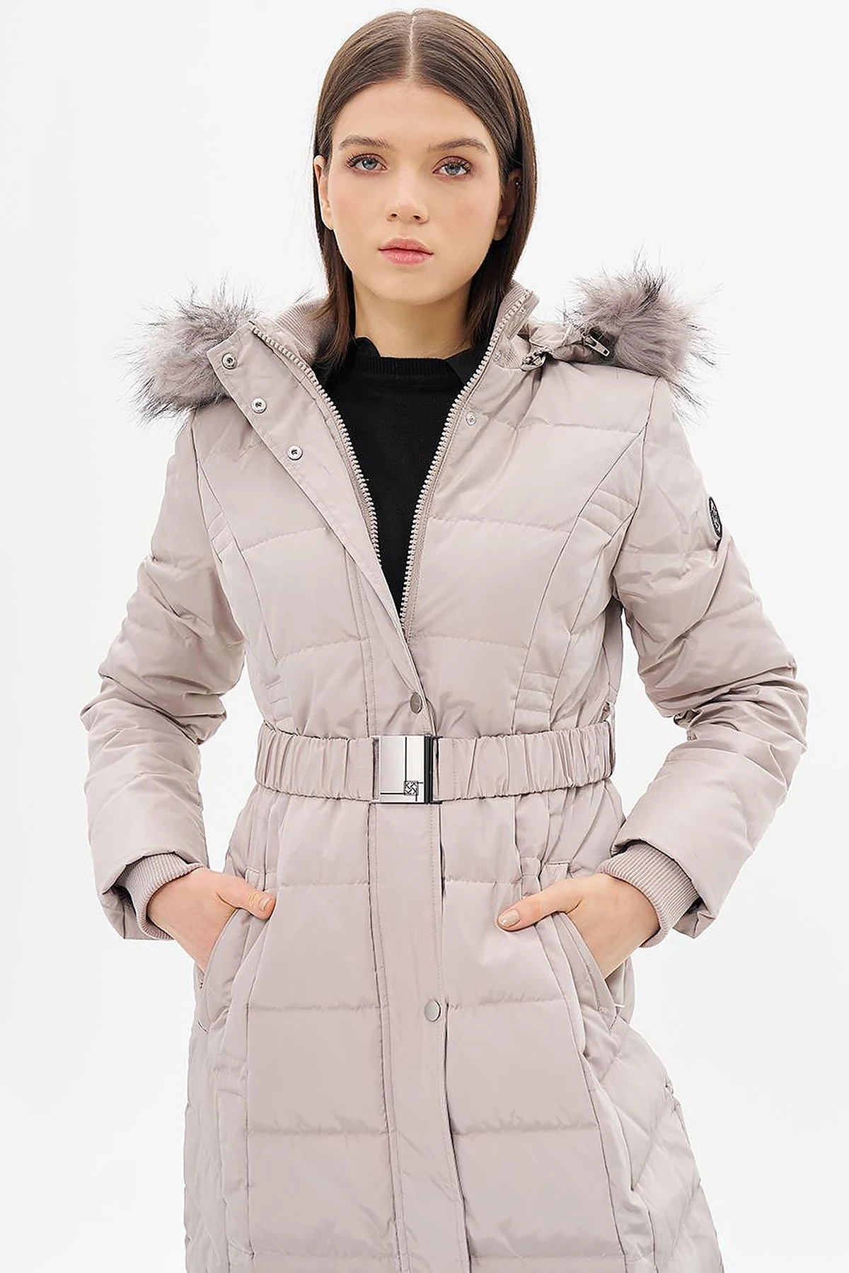 Belted Goose Feather Filled Coat Stone