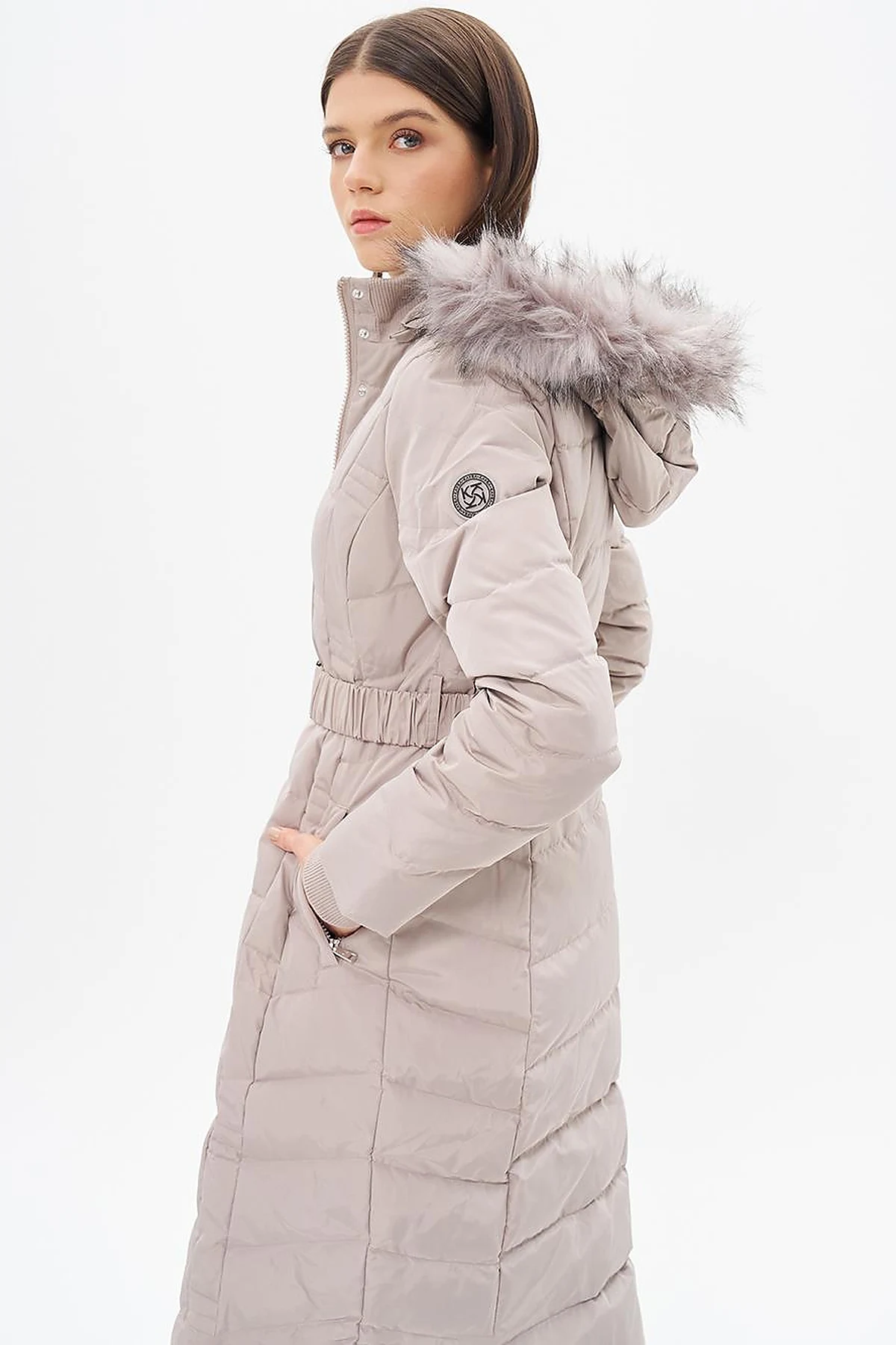 Belted Goose Feather Filled Coat Stone