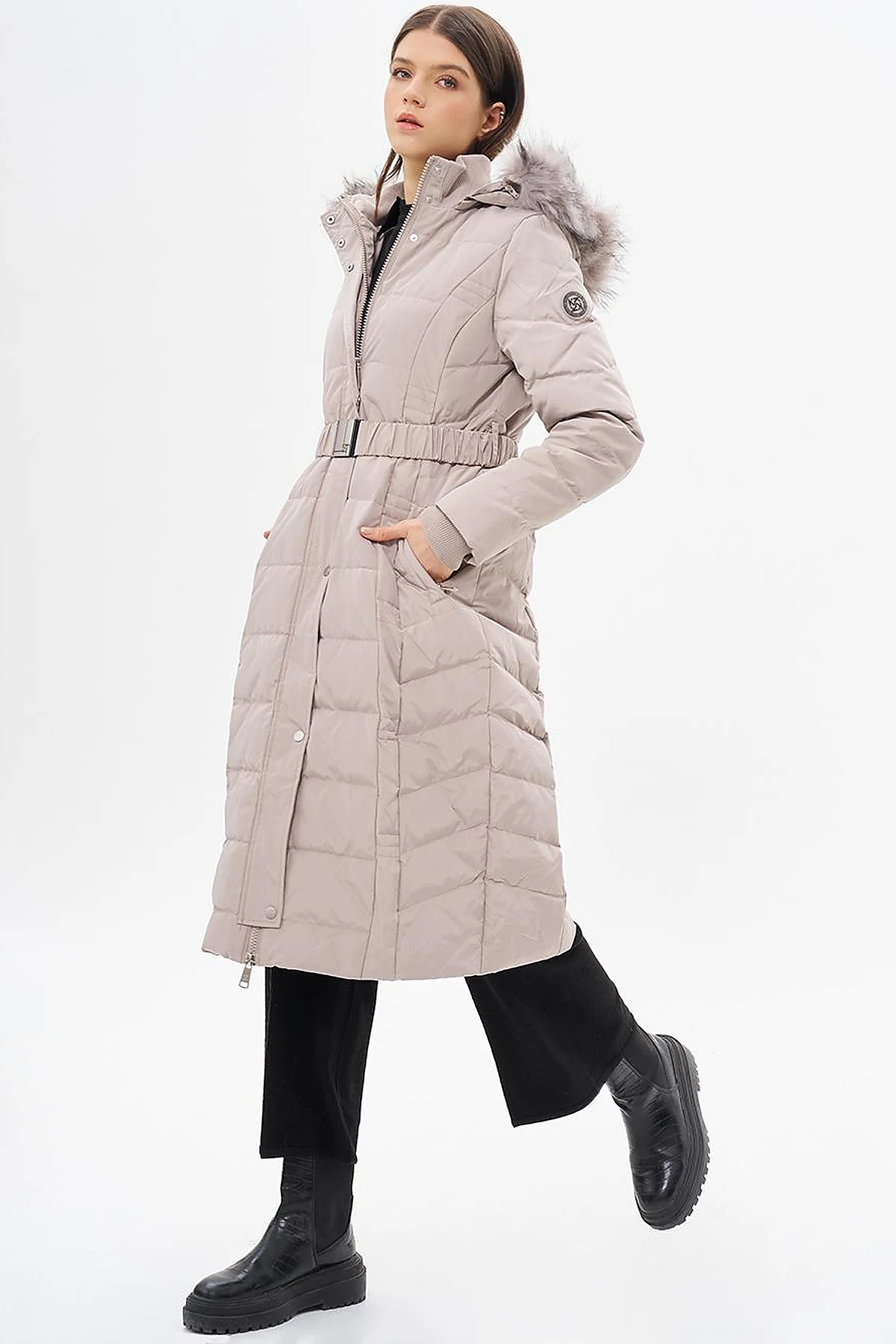 Belted Goose Feather Filled Coat Stone