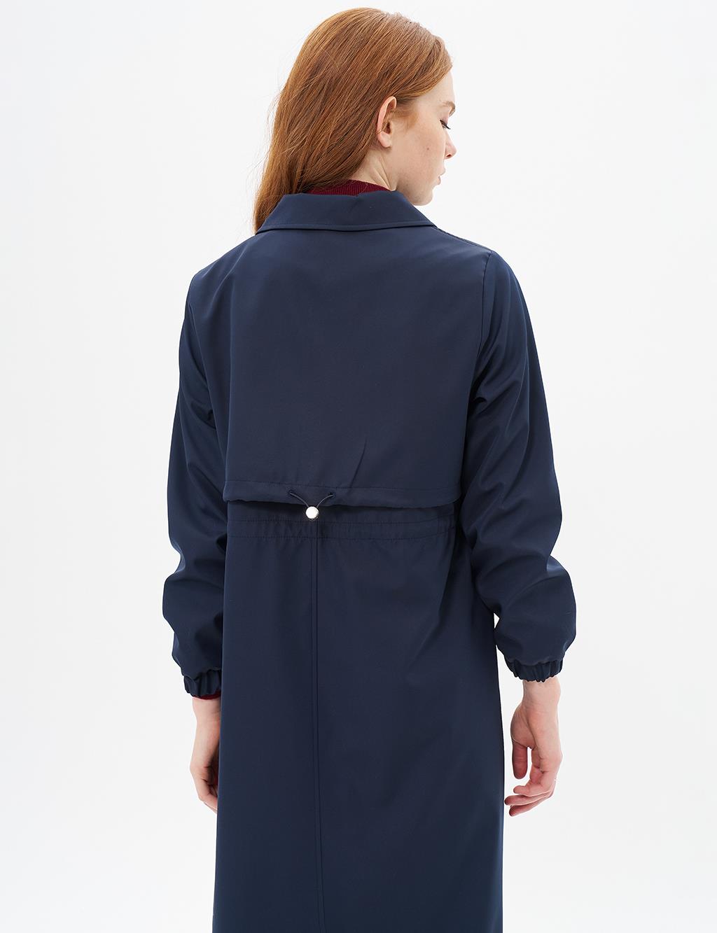 Elastic Waist Drawstring Topcoat Dark Navy Blue